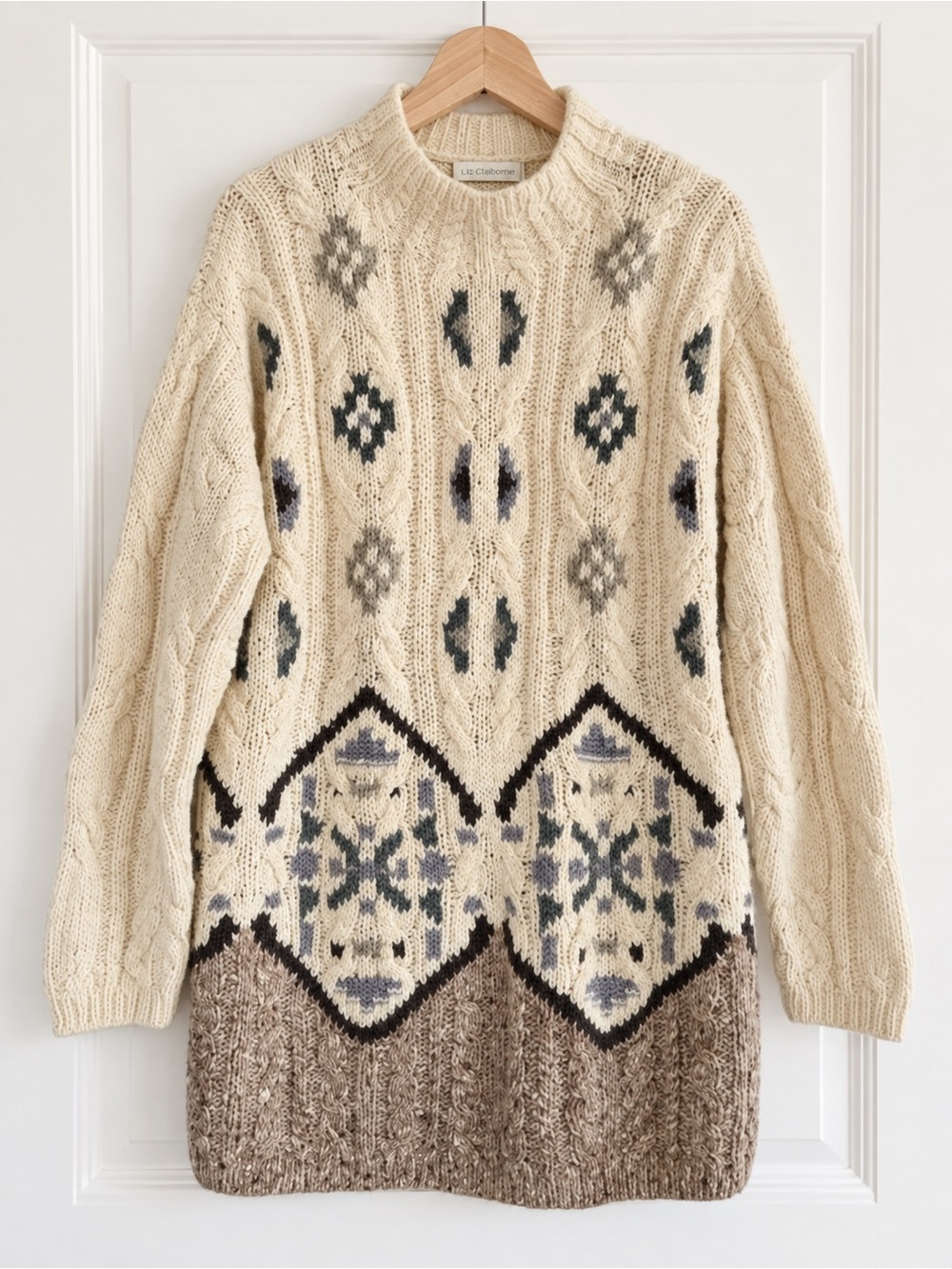 Vintage 90s Liz Claiborne Wool Fair Isle Cable Knit Tunic Sweater M - Picture 2 of 6